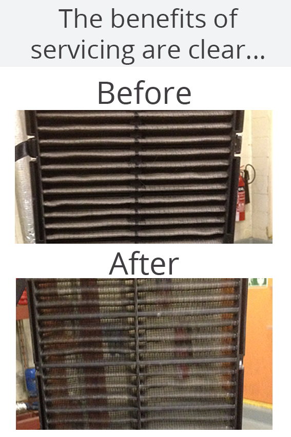 before and after shot of AC filter throughout a service 